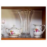 Porcelain Sugar Bowl & Creamer, Crystal Vase