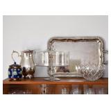 Tobacco Jar, Silverplate Pitcher & Serving Tray, Glass Pedestal Cake Server, Crystal Bowl