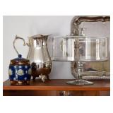 Tobacco Jar, Silverplate Pitcher & Serving Tray, Glass Pedestal Cake Server