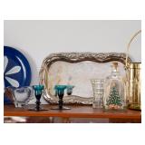 Silverplate Tray, Gold Ice Bucket, Glassware, Teal Glass Candlesticks, Catherineholm Enamelware Plat