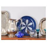 Silverplate Pitcher, Catherineholm Enamelware Plate, Art Glass Vase, Glass Bowl, Teal Glass Candlest