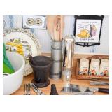 Mortar & Pestle, Vintage Spice Jars, Florida Souvenir Plate, Pepper Grinder, Cutlery