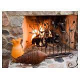 Birds Fireplace Screen, Yellow Pottery Pitcher, Rusty Iron Fish Sculpture