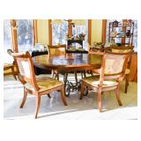Round Walter E. Smithe Dining Table with Iron Base & 5 Custom Upholstered Dining Chairs