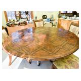 Round Walter E. Smithe Dining Table with Iron Base & 5 Custom Upholstered Dining Chairs