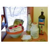 Mixing Bowl, Table Linens, Olive Oil Bottles, Stoneware Jar