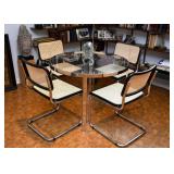 BUY IT NOW! Lot #105, MCM Chrome Dining Table with 4 Cantilever Chrome & Rattan Chairs, $600