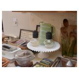 Pedestal Cake Plate, Vintage Green Glass Pitcher, Etc.