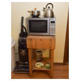 Butcher Block Rolling Island, Vacuum Cleaner, Microwave Oven