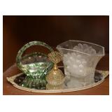 Czech Glass Basket, Perfume Bottle, Etched Glass Vase / Bowl
