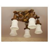 BUY IT NOW! $500 - Antique Victorian Brass 5 Lamp Ceiling Light Fixture with White Glass Shades