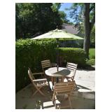 BUY IT NOW! $700 - Teak Patio Dining Table, 4 Chairs & Umbrella (ALMOST NEW, table approx. 36" Dia)