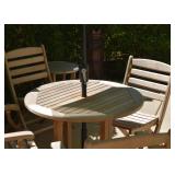 BUY IT NOW! $700 - Teak Patio Dining Table, 4 Chairs & Umbrella (ALMOST NEW, table approx. 36" Dia)