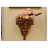 Wood Carved Pedestal Wall Shelf, Stone Carved Grapes Bunch