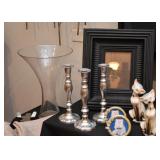 Tall Flared Glass Vase, Candlesticks, Picture Frames, Vintage Cat Figurines