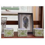 Framed Feather Artwork, Water Lily Votive Candle Holders