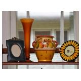 Picture Frames, Orange Glass Vases, Painted Pottery Urn (Fruit Motif)