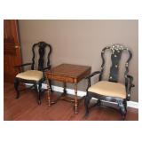 Pair of Black Lacquer Oriental Arm Chairs, End Table with Drawer