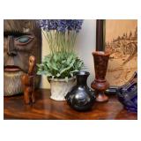 Wood Carved Elephant Figurine, Wood Vase, Contemporary Black Mexican Pottery Vase 