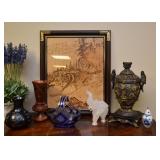 Framed Artwork (Wolves), Bohemian Glass Basket, Stone Carved Elephant Figure, Decorative Urn