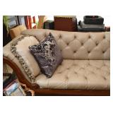 Tufted Sofa with Carved Wood