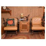 Pair of Vintage Wooden Arm Chairs with Cushions