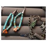 Beaded Turquoise & Coral Earrings, Charm Bracelet