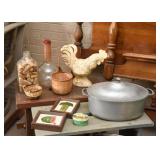 Wood Stools, Bottles, Baskets, Chicken Statue, Needlepoint, Roaster