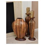 Wood Carved Vase & Candle Holders
