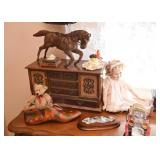 Jewelry Box, Leather Horse Figure, Painted Wooden Shoe Form, Etc.