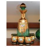 Vintage Hand Painted Glass Decanter & Shot Glasses