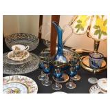 Vintage Hand Painted Glass Pitcher & Cordials, Glassware, Table Lamp