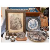 Vintage Framed Print, Silverplate Table Lighters, Fossil Paperweight, Decorator Plates
