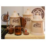 Vintage Kitchen Canisters, Wooden Viking Figurine, Etc.