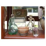 Glass Cruets, Pottery Bowls, Glass Owl Paperweight