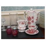 Red Transferware Coffee Pot, Creamer & Teacup, Cranberry Glass Salt & Pepper Shakers