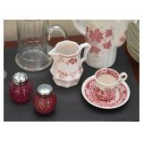 Red Transferware Coffee Pot, Creamer & Teacup, Cranberry Glass Salt & Pepper Shakers