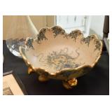 Vintage Pottery Centerpiece Bowl, Gold Detailing
