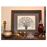 Framed Artwork of Tree, Brass Collectibles, Ruby Glass 