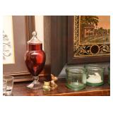 Ruby Glass Jar, Brass Miniatures, Candle Holders
