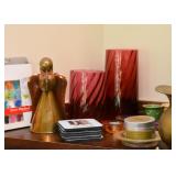 Brass & Copper Angel Figure, Red Glass Vases 