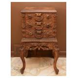 Lovely Antique Carved Wood 3-Drawer Chest with Inlaid Top