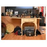 Vintage French Provincial Sewing Machine Table with Singer Sewing Machine, Vintage Luggage