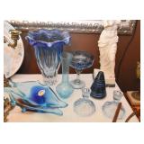 Vintage Blue Glass Vases, Paperweight, Candlesticks, Bowl