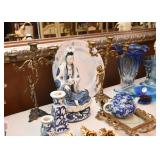 Blue / White Pottery, Pair of Brass Cherub Candelabras