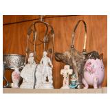 Vintage Porcelain / Ceramic Figurines, Vases, Pitchers, Silverplate Wedding Basket, Wine Bottle Hold
