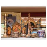 Religious Items, Brass Candlesticks & Cricket Boxes, Pottery