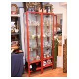 Pair of Tall Narrow Red Metal & Glass Display Cabinets