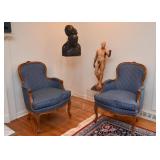 $250 Each - Beautiful Pair of Vintage Carved Wood Armchairs with Blue Upholstery