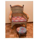 Bamboo & Wicker Armchair, Vintage Footstool